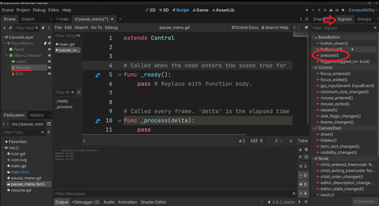 Example of selecting pressed() signal